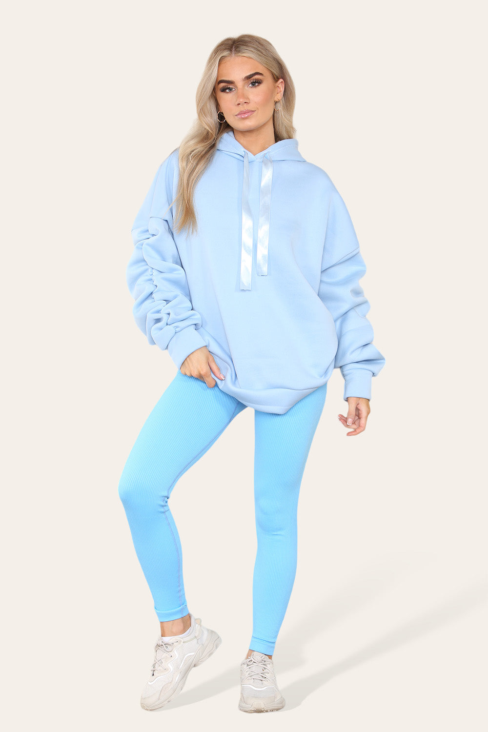 Plus Size Ruched Sleeves Hoodie With Satin Ribbon Legging Set
