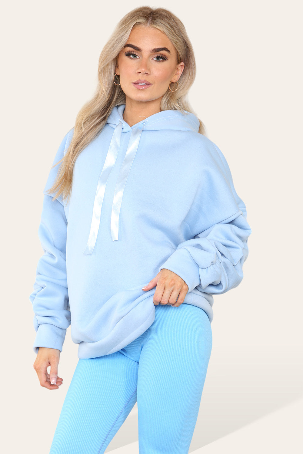 Plus Size Ruched Sleeves Hoodie With Satin Ribbon Legging Set
