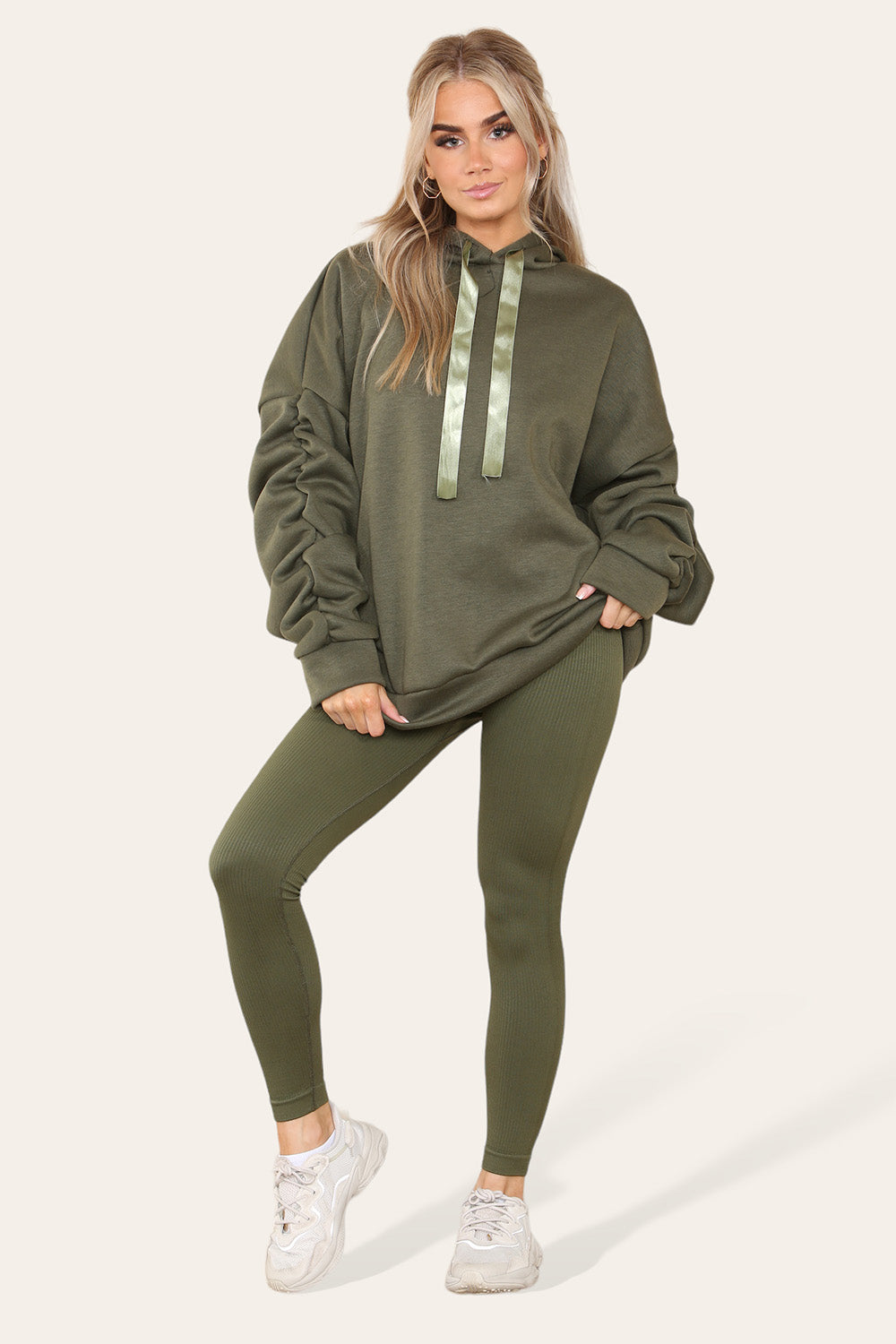 Plus Size Ruched Sleeves Hoodie With Satin Ribbon