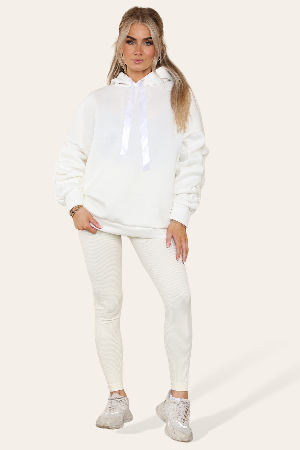 Plus Size Ruched Sleeves Hoodie With Satin Ribbon