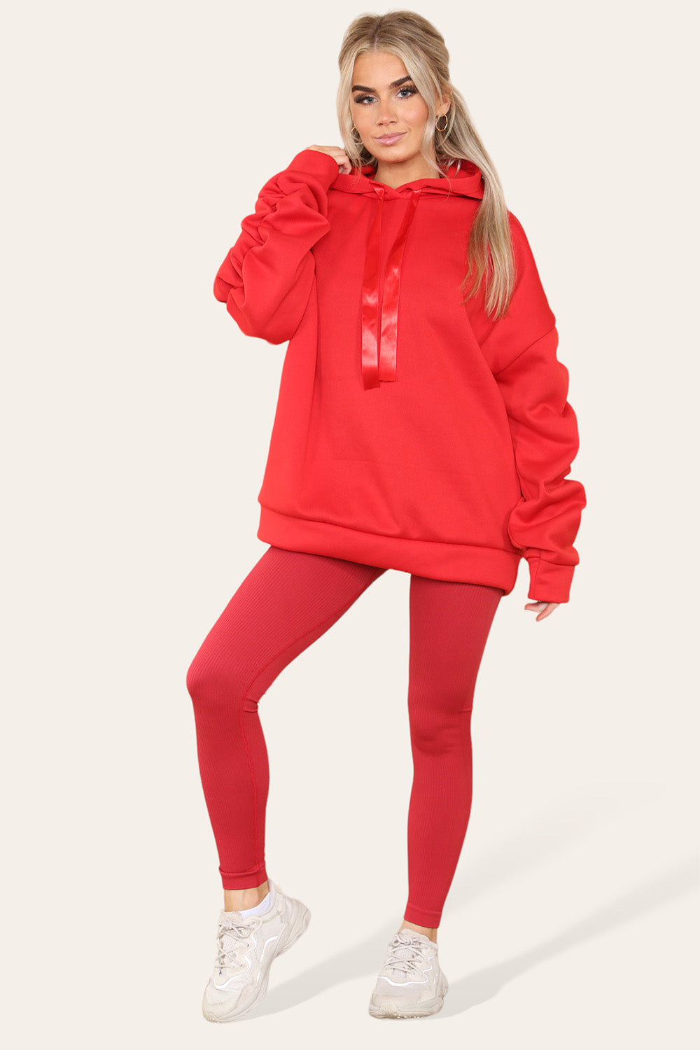 Plus Size Ruched Sleeves Hoodie With Satin Ribbon