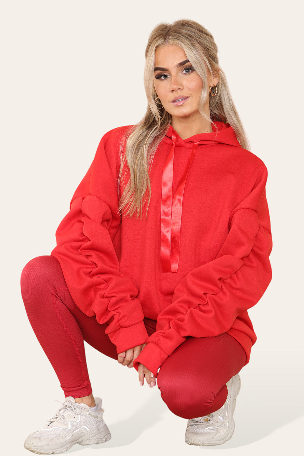 Oversized Ruched Sleeves Hoodie With Satin Ribbon