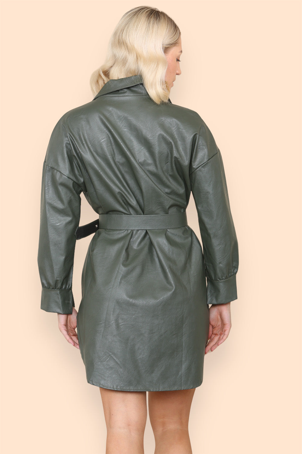 PU Faux Leather Belted Wet Look Shirt Dress