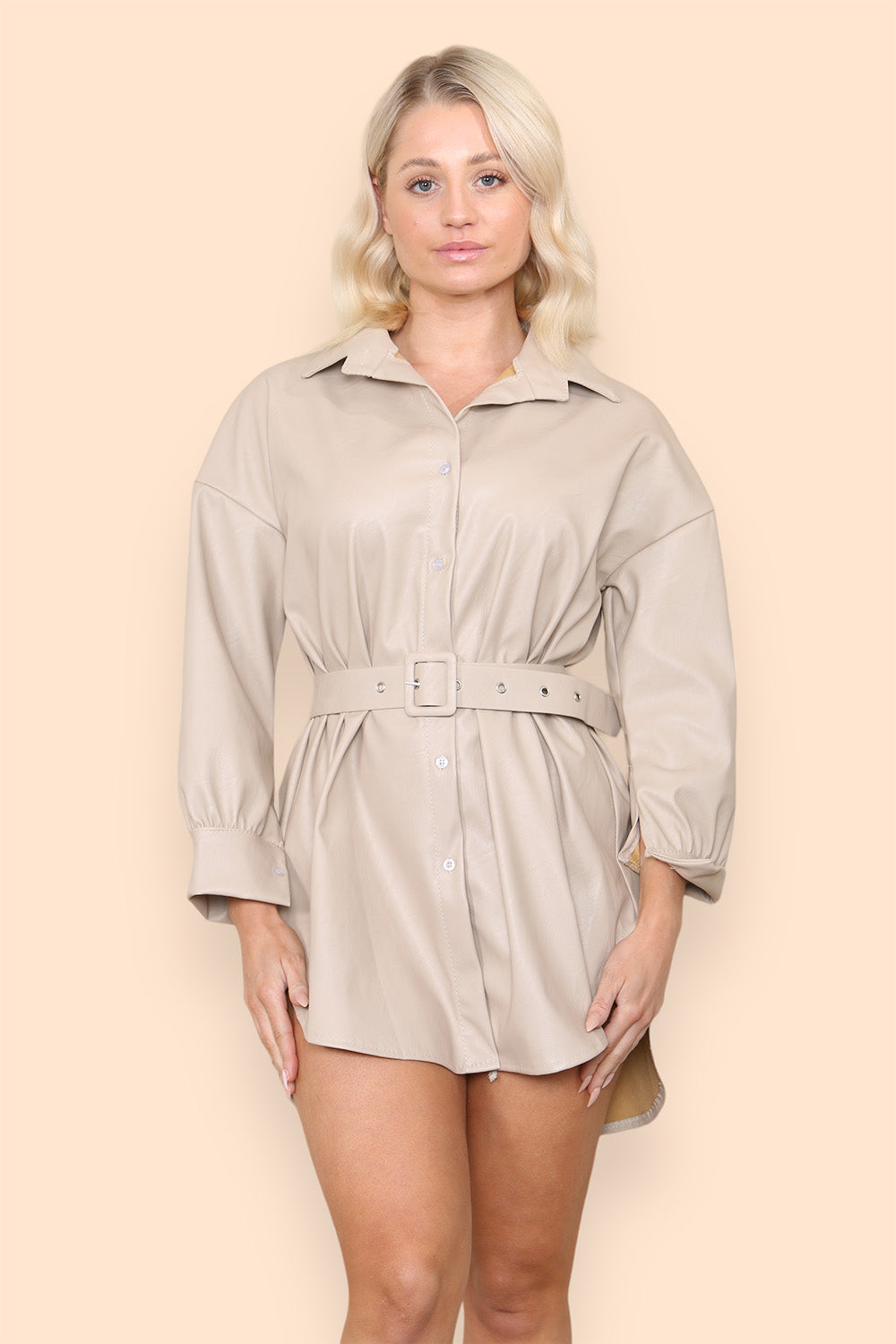 PU Faux Leather Belted Wet Look Shirt Dress