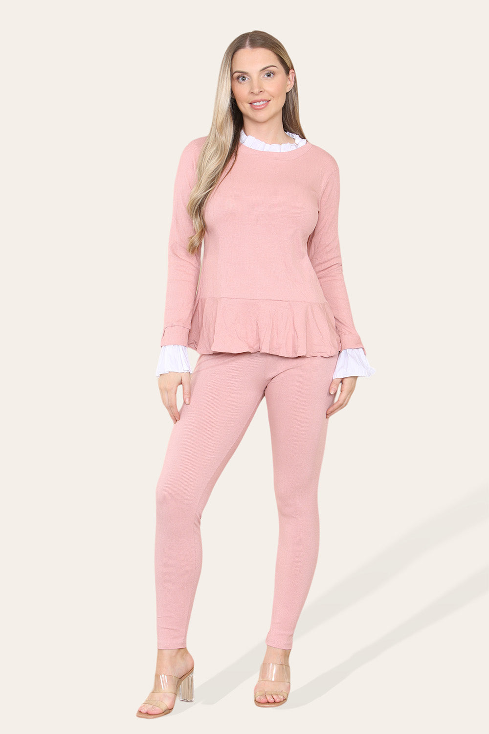 Peplum Frill Neck Suit Pleated Lounge Wear Set