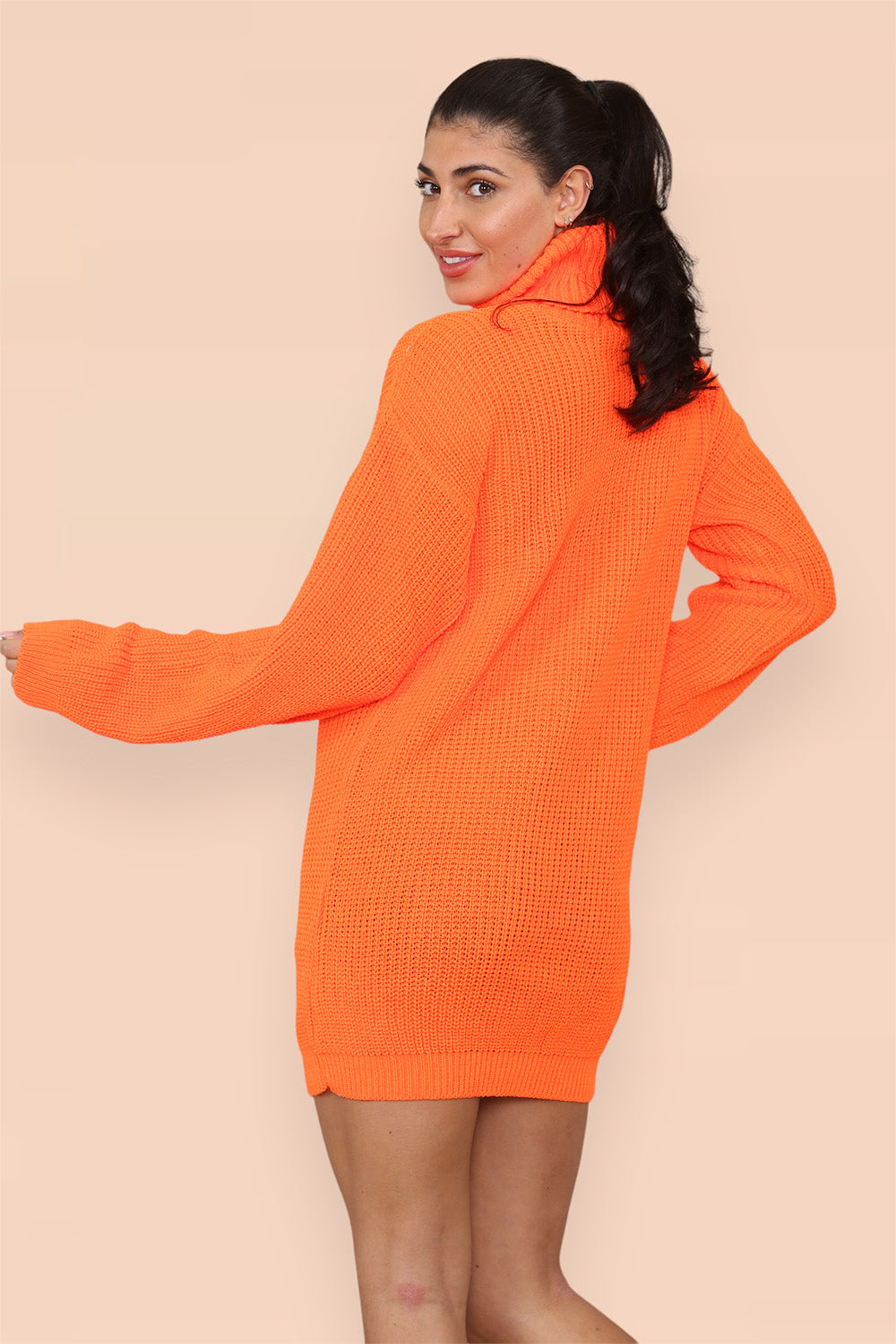 Polo Roll Neck Over Sized Ribbed Knitted Florescent Chunky Sweater Jumper Dress