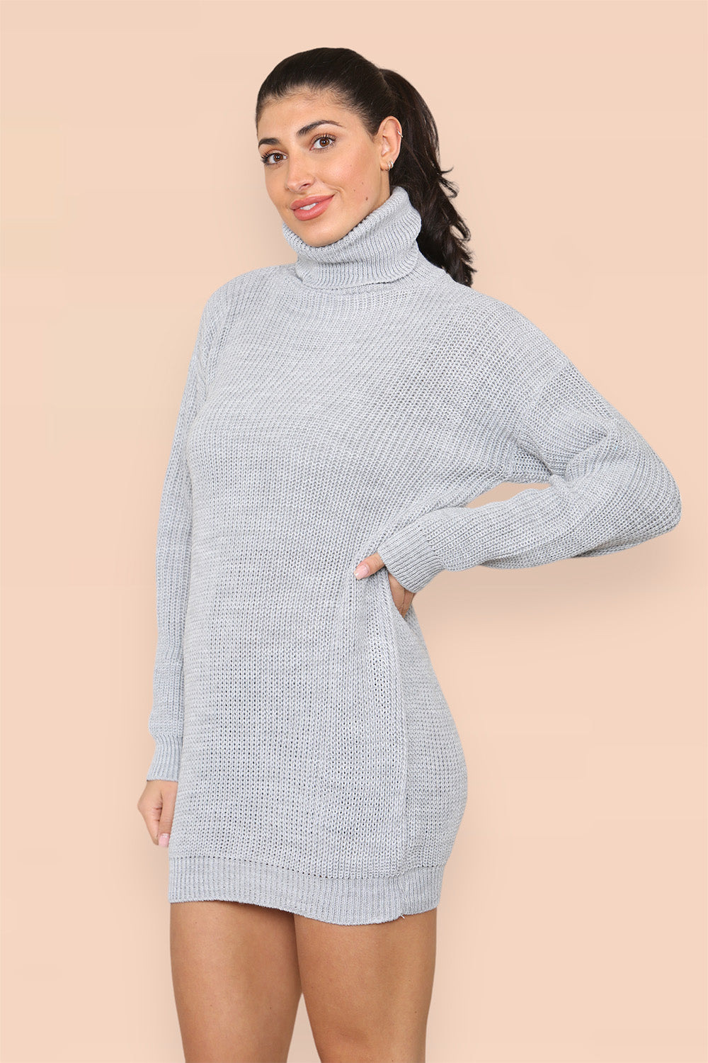 Polo Roll Neck Over Sized Ribbed Knitted Florescent Chunky Sweater Jumper Dress