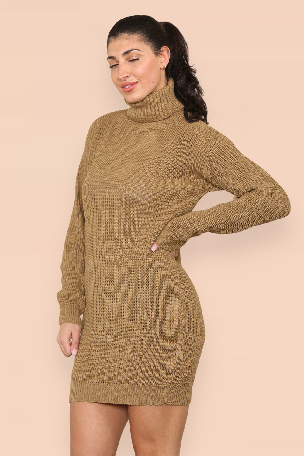 Polo Roll Neck Over Sized Ribbed Knitted Florescent Chunky Sweater Jumper Dress