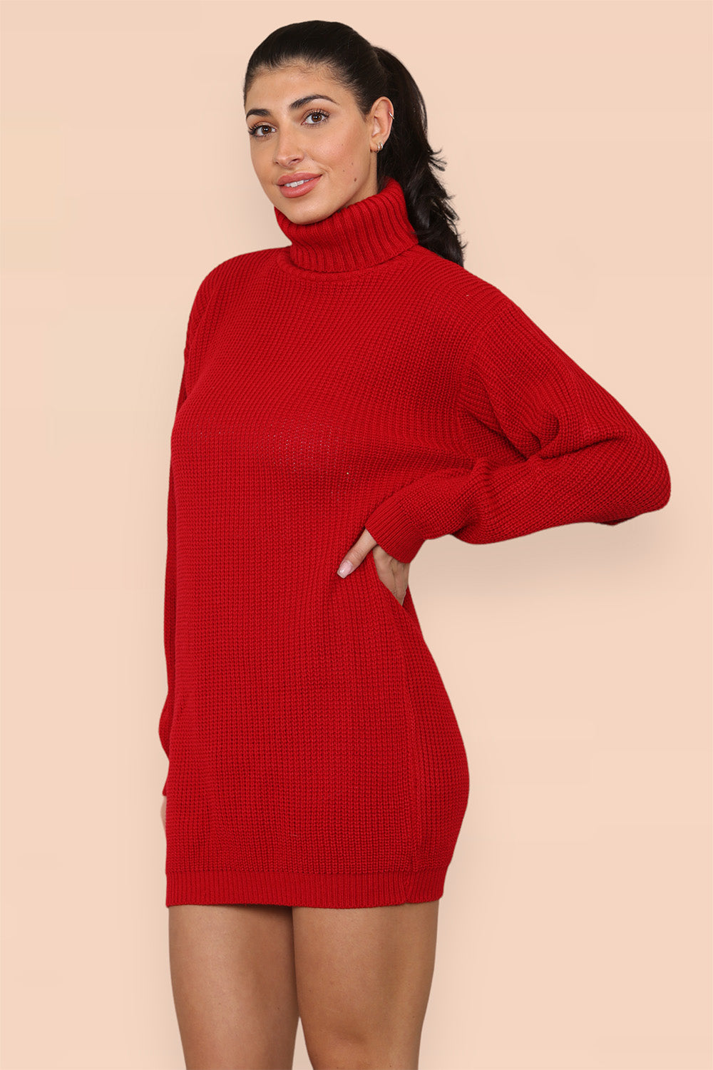 Polo Roll Neck Over Sized Ribbed Knitted Florescent Chunky Sweater Jumper Dress