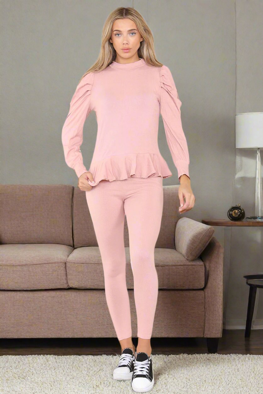 Puff Sleeves Set Frill Hem Peplum Ribbed Lounge Wear Suit