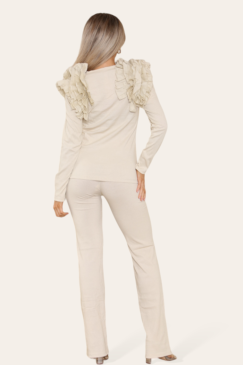 Ruffle Frill Shoulder Ribbed Loungewear Co-Ord Top & Trouser Set
