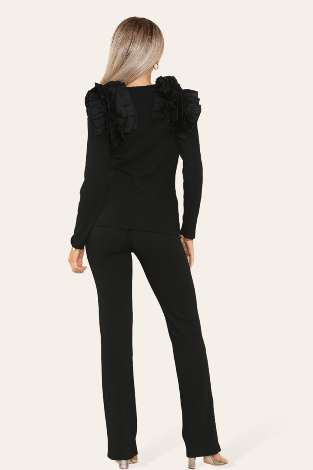 Ruffle Frill Shoulder Ribbed Loungewear Co-Ord Top & Trouser Set