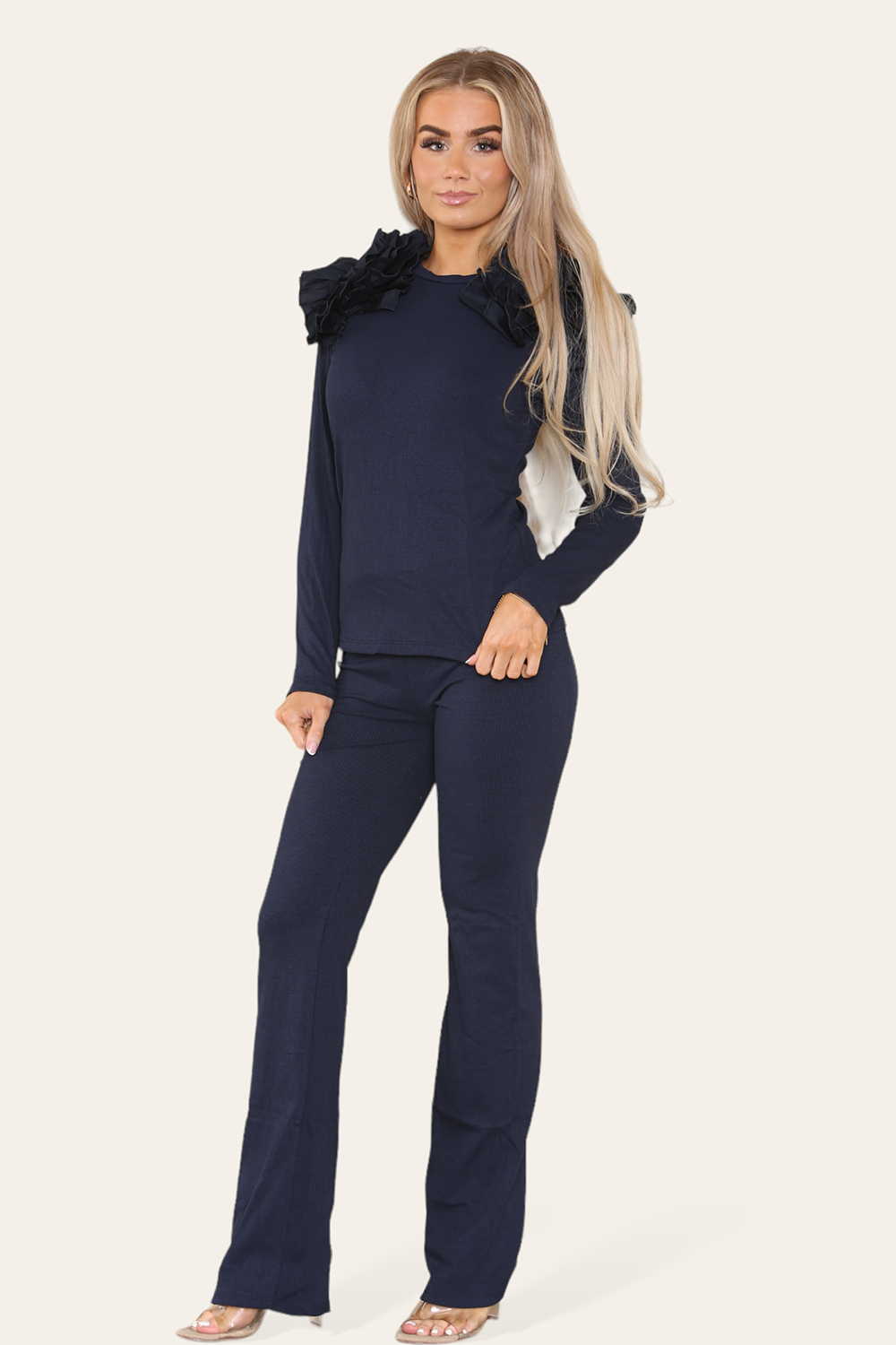 Ruffle Frill Shoulder Ribbed Loungewear Co-Ord Top & Trouser Set