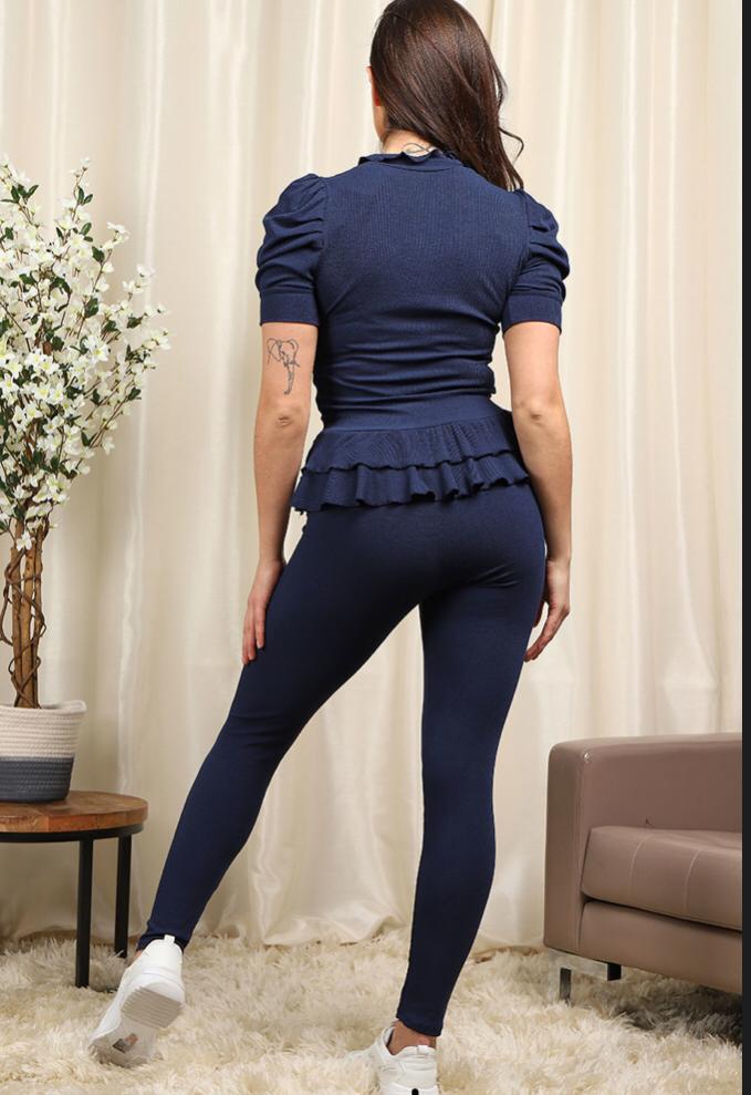 Short Sleeves Two Piece Suit with Ribbed Legging Co-Ord Top Gold Button Frill Hem Peplum Ribbed Lounge Set
