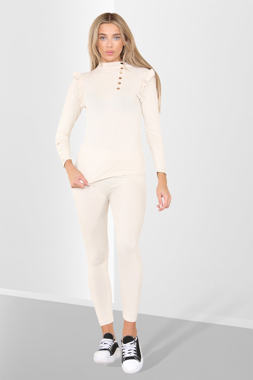 Side Buttons Frill Shoulder Side Neck Gold Button Detail Two Piece Loungewear Set