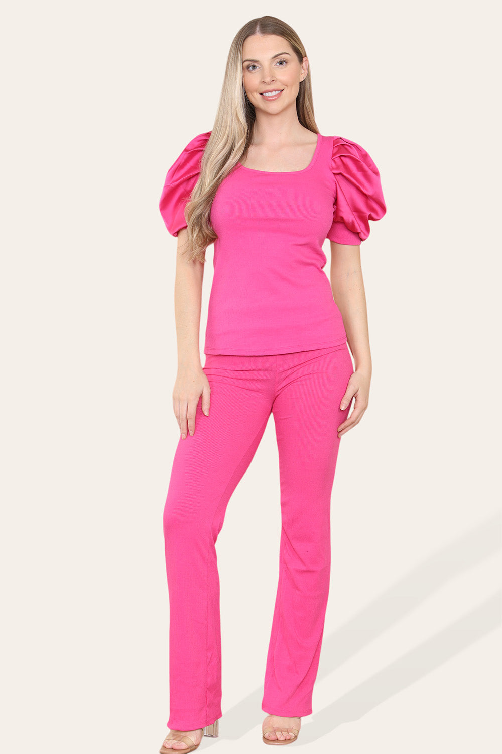 Silky Satin Puff Sleeves Ribbed Lounge Set