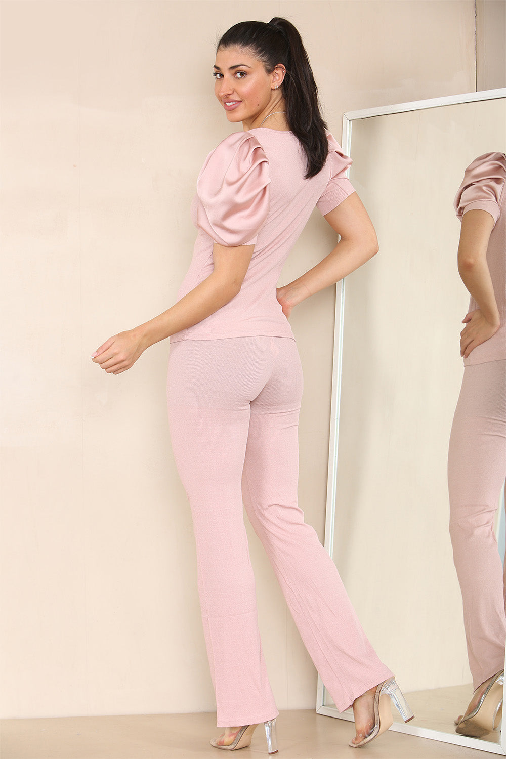 Silky Satin Puff Sleeves Ribbed Lounge Set