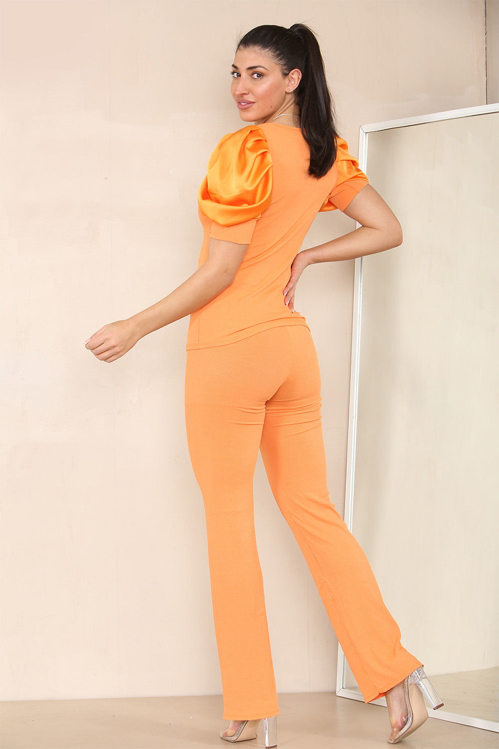 Silky Satin Puff Sleeves Ribbed Lounge Set