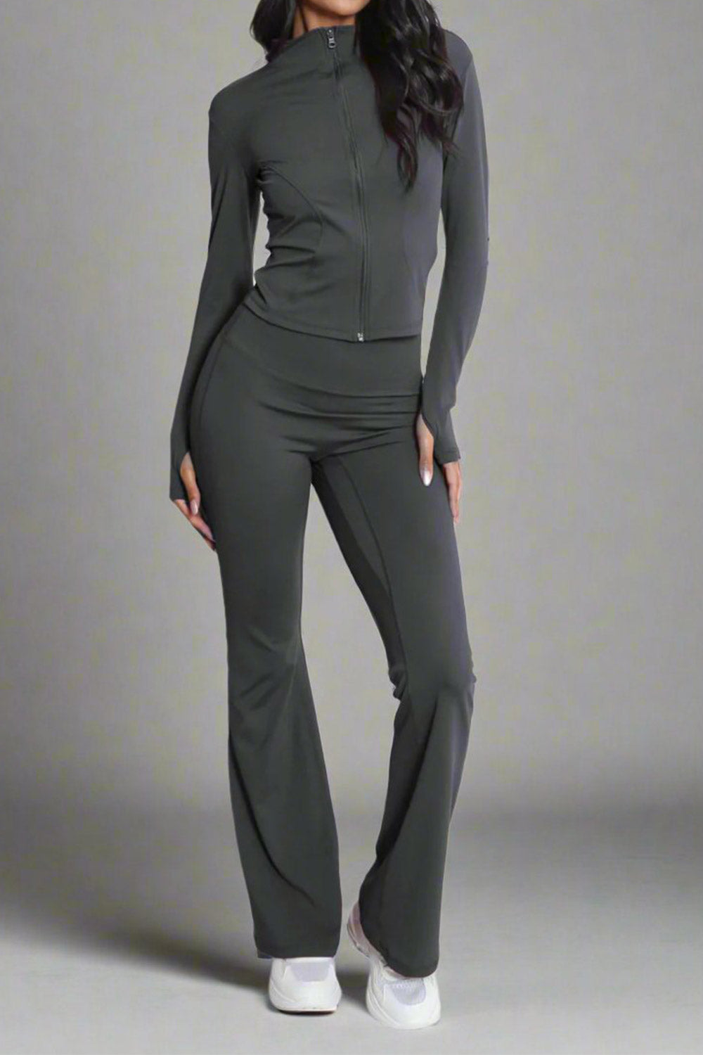 Super Active Zip Top and Push Up Flared Trousers Gym Set - Without Ruched Bum New Style