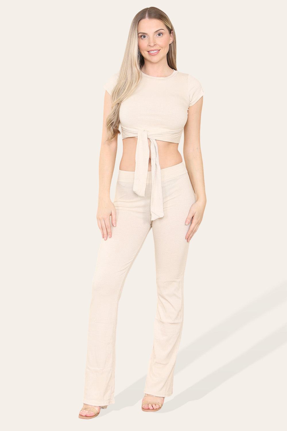 Tie Belt Front Cropped Loungewear Ribbed Trousers Set