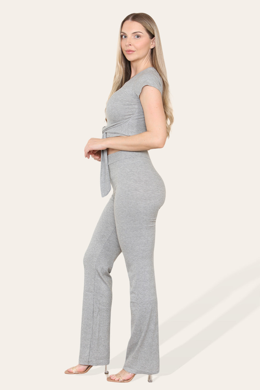Tie Belt Front Cropped Loungewear Ribbed Trousers Set