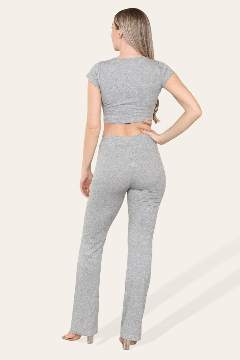 Tie Belt Front Cropped Loungewear Ribbed Trousers Set