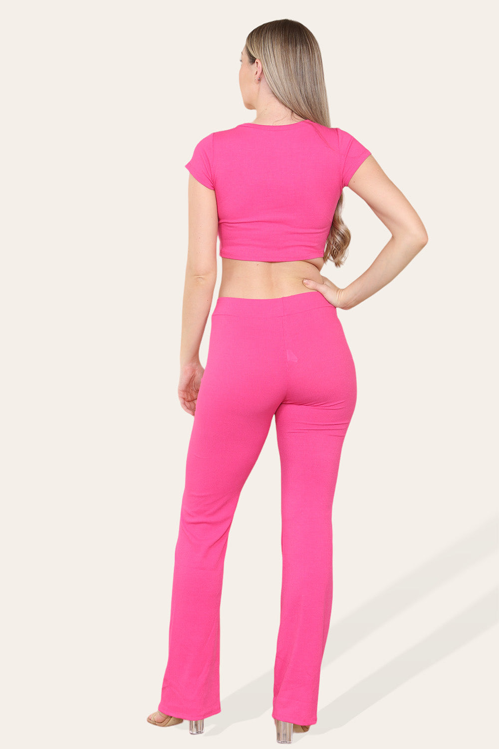 Tie Belt Front Cropped Loungewear Ribbed Trousers Set
