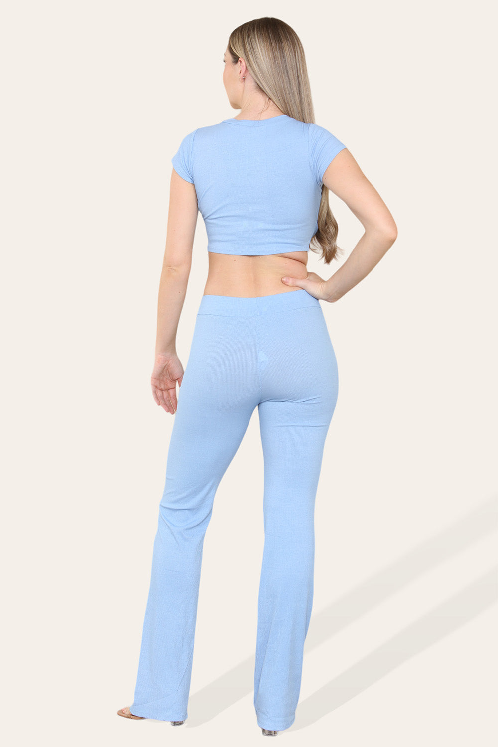 Tie Belt Front Cropped Loungewear Ribbed Trousers Set