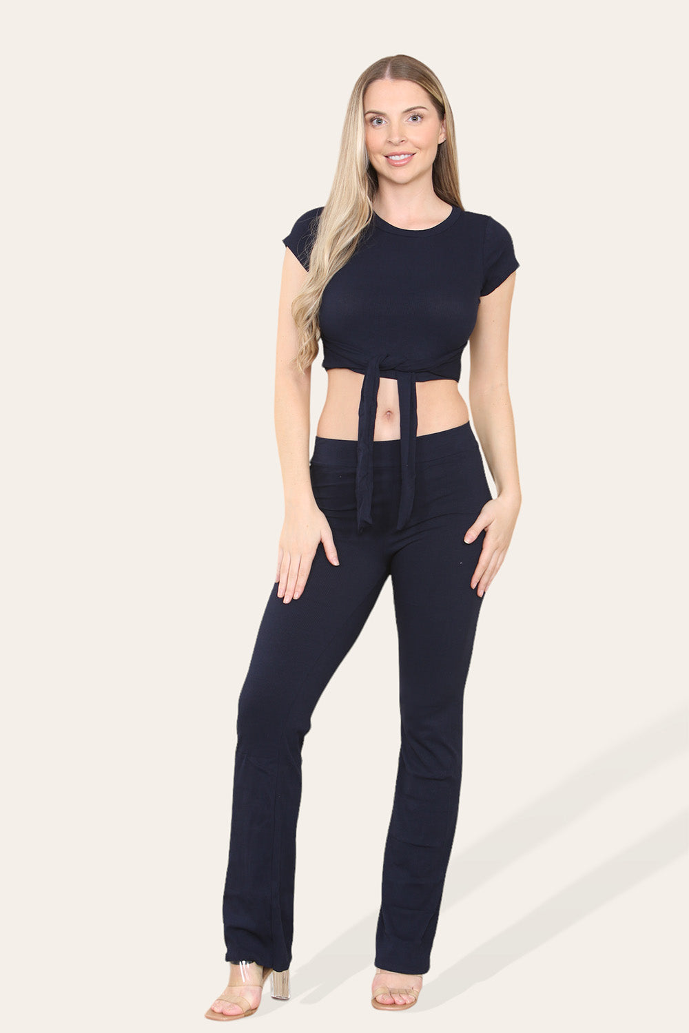 Tie Belt Front Cropped Loungewear Ribbed Trousers Set