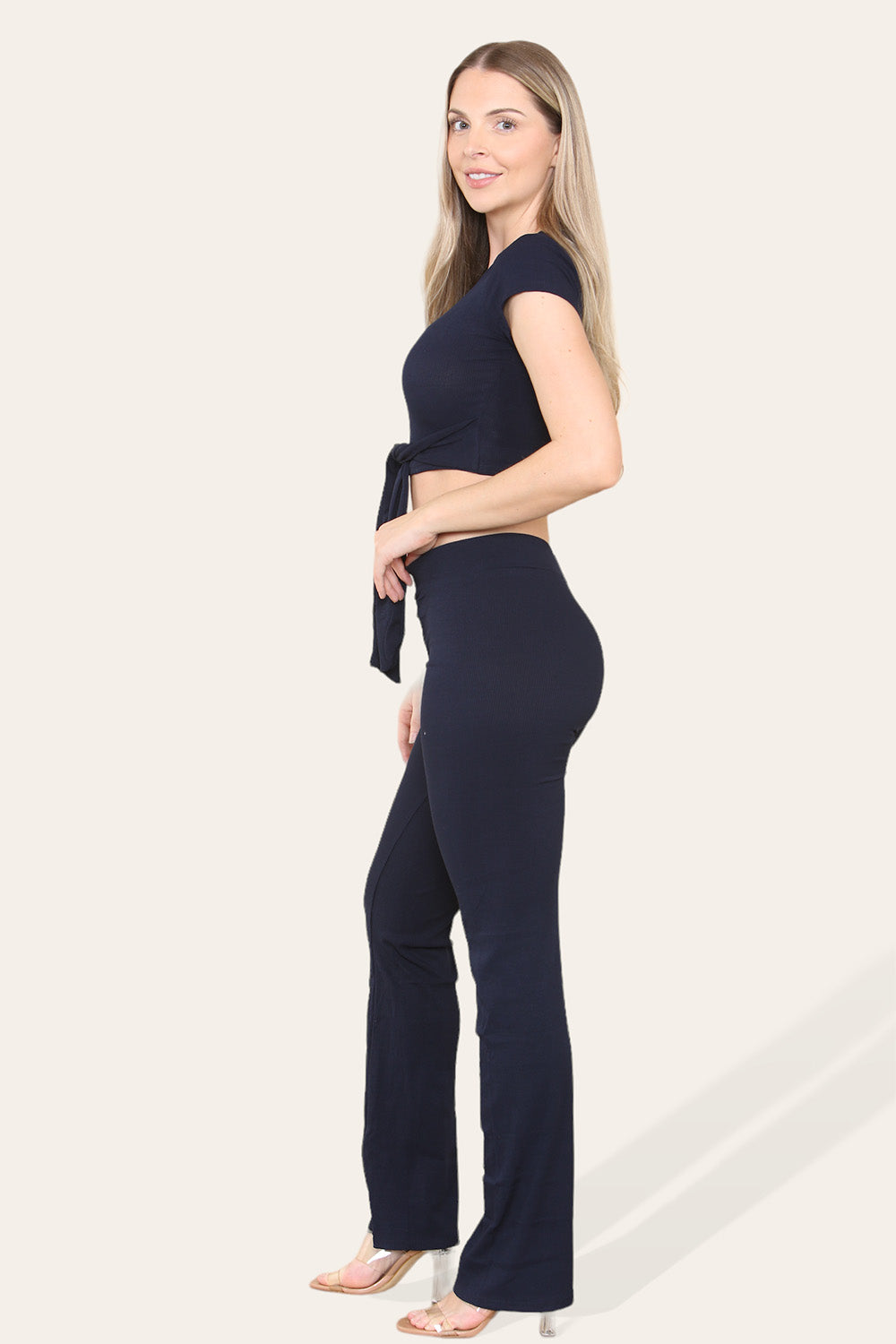Tie Belt Front Cropped Loungewear Ribbed Trousers Set