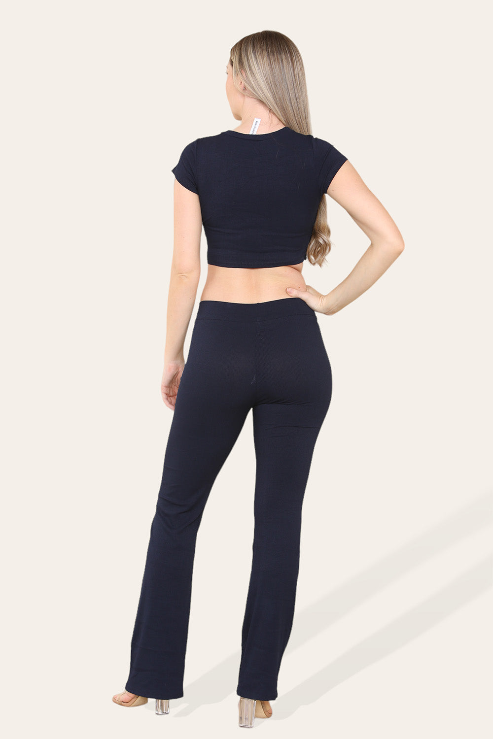 Tie Belt Front Cropped Loungewear Ribbed Trousers Set