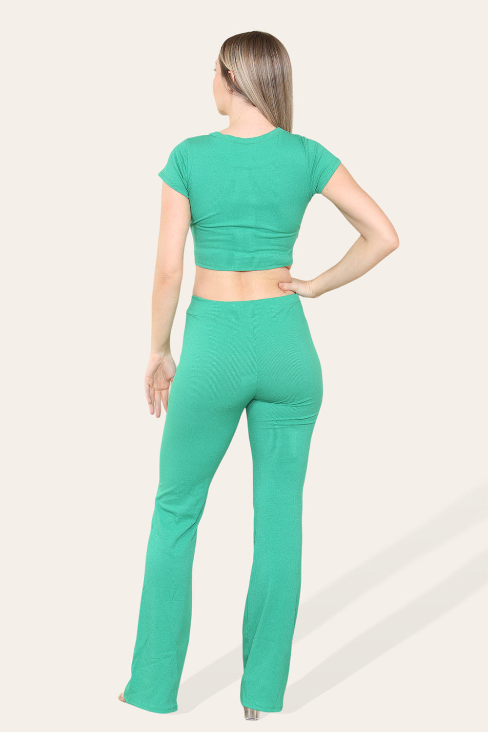 Tie Belt Front Cropped Loungewear Ribbed Trousers Set