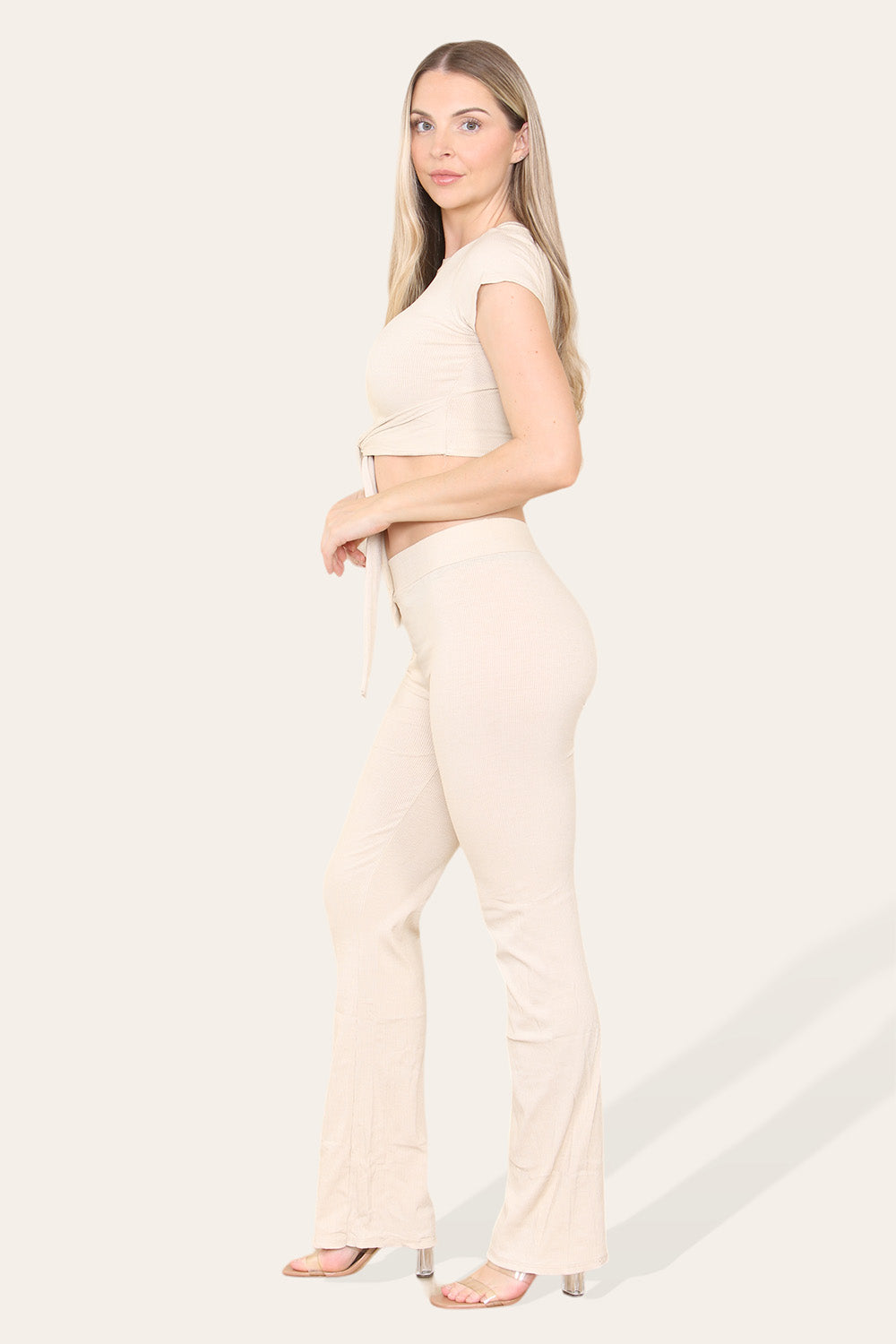 Tie Belt Front Cropped Loungewear Ribbed Trousers Set