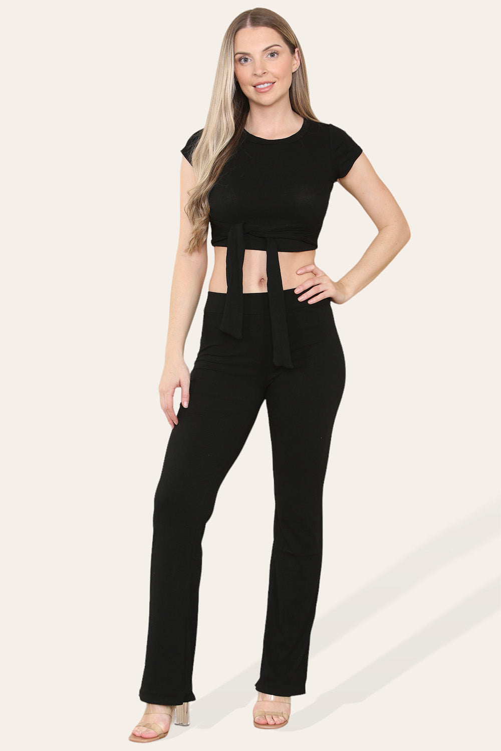 Tie Belt Front Cropped Loungewear Ribbed Trousers Set