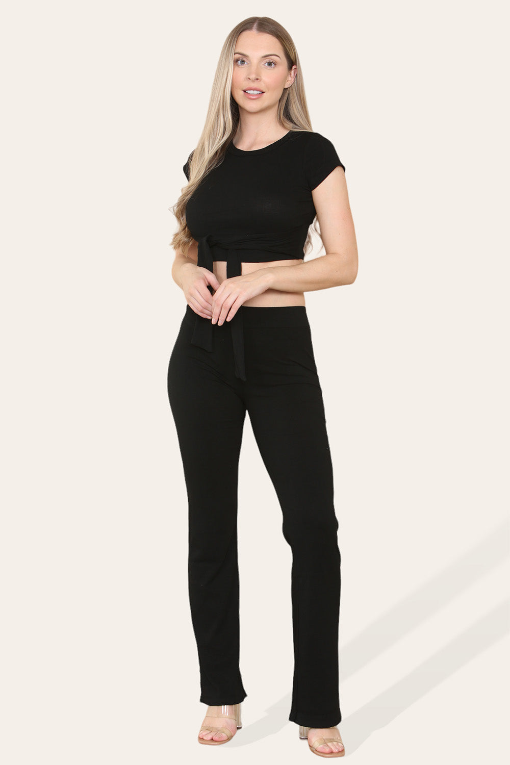 Tie Belt Front Cropped Loungewear Ribbed Trousers Set