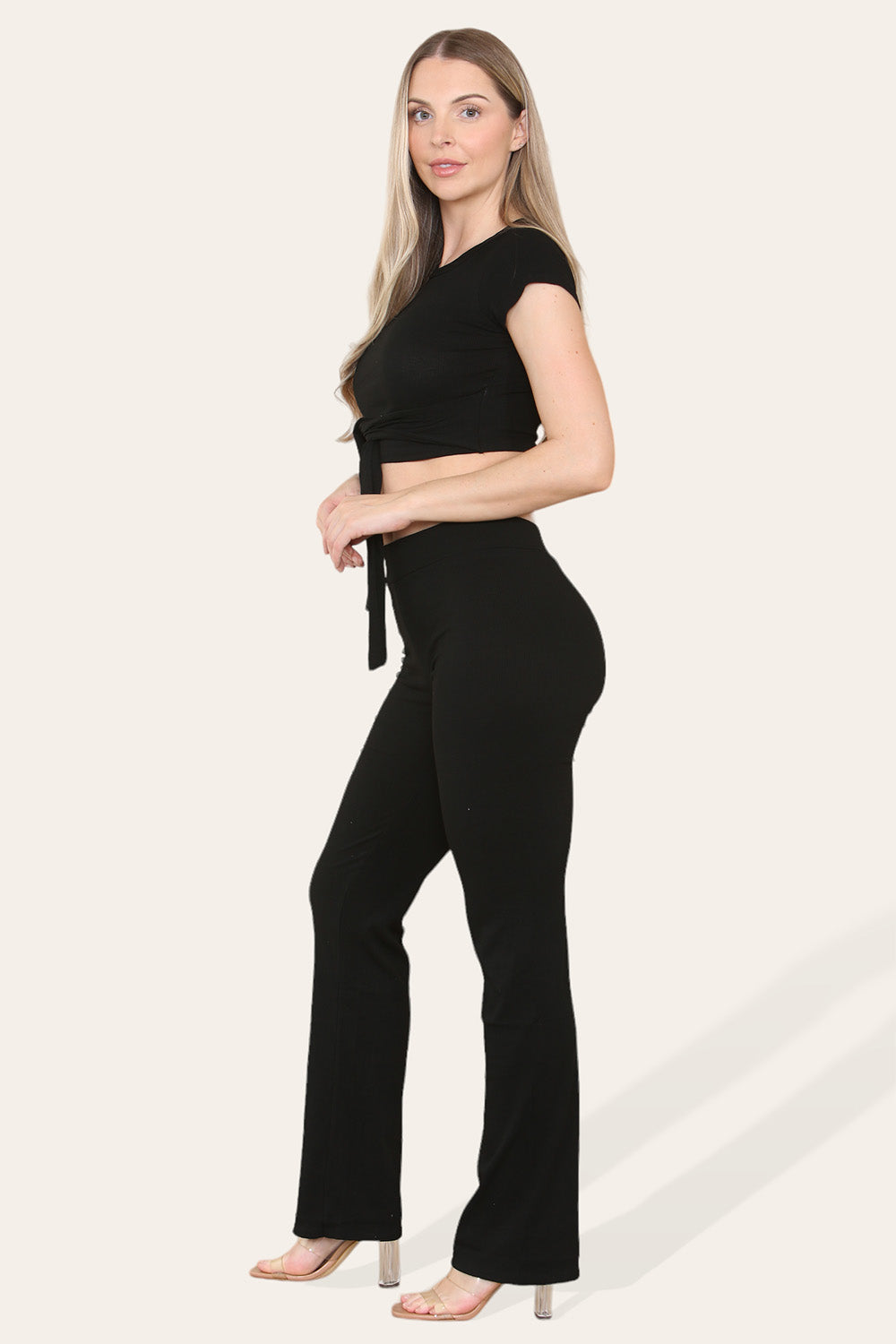 Tie Belt Front Cropped Loungewear Ribbed Trousers Set