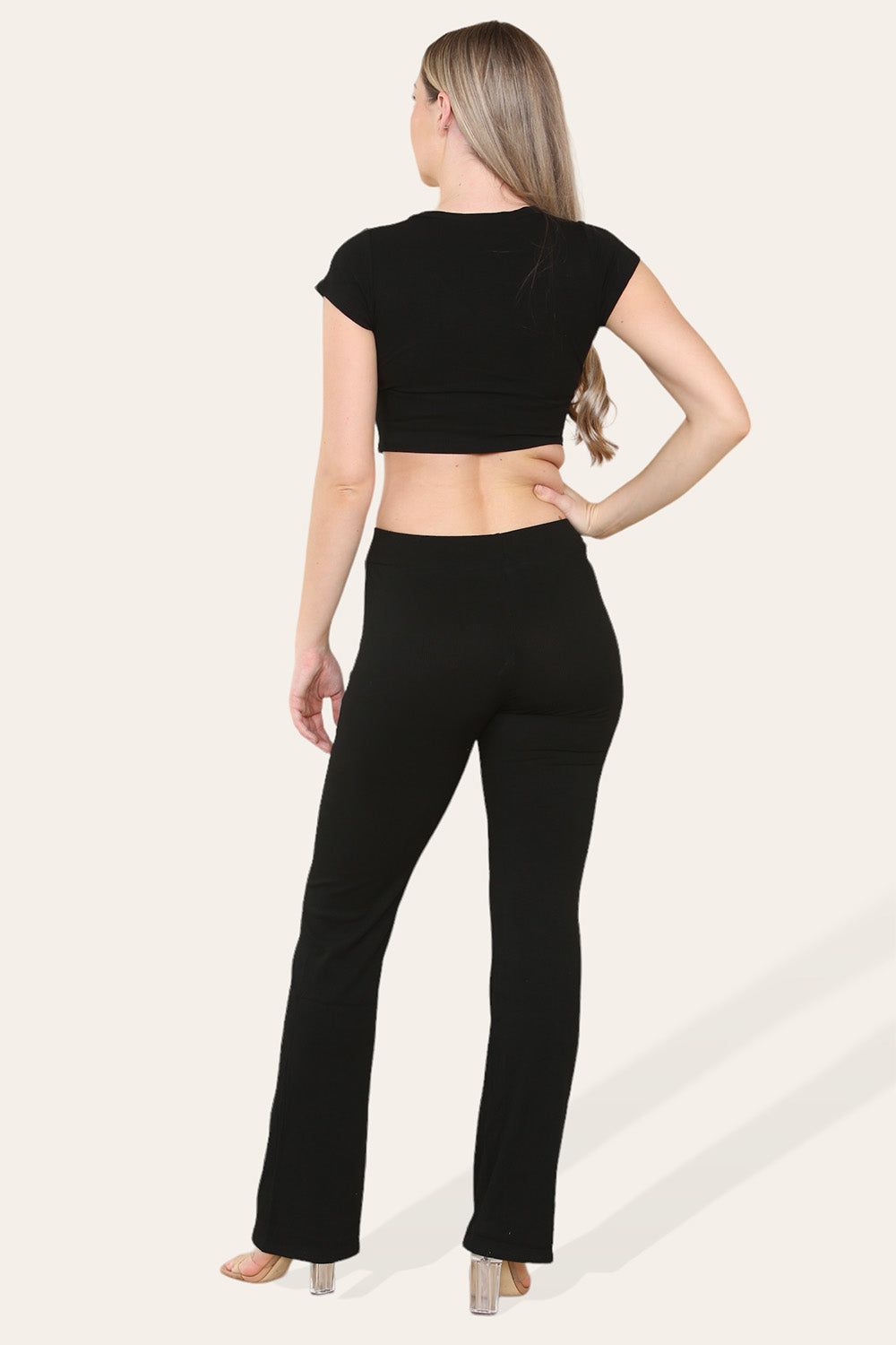 Tie Belt Front Cropped Loungewear Ribbed Trousers Set