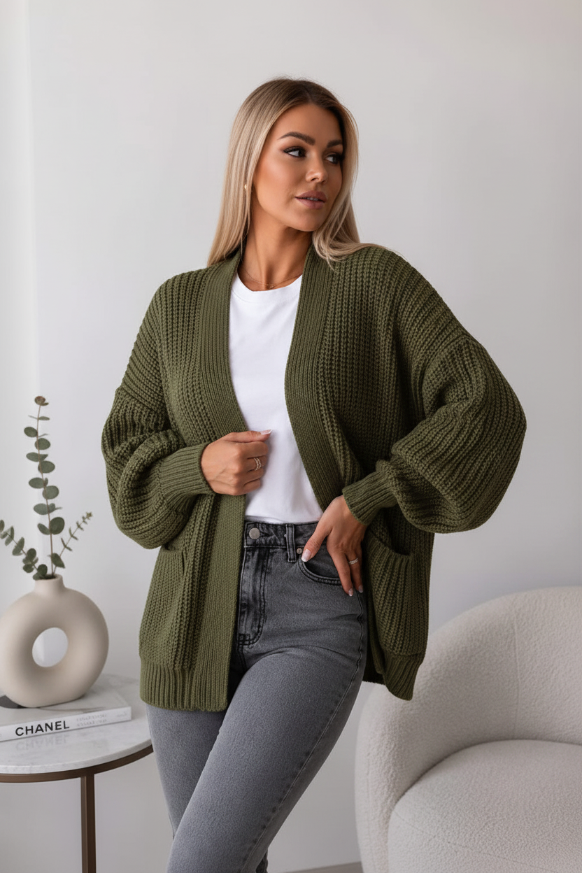 Ladies Over-sized Cropped Short Balloon Pocket Knitted Cardigan