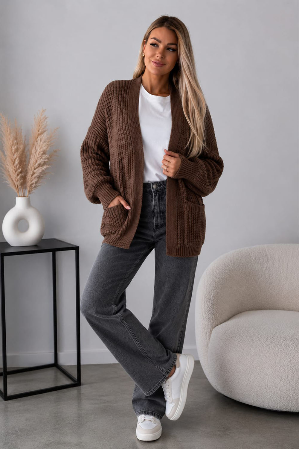 Ladies Over-sized Cropped Short Balloon Pocket Knitted Cardigan