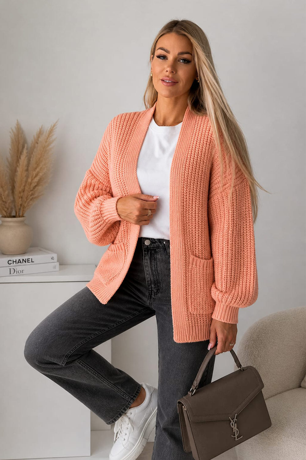 Ladies Over-sized Cropped Short Balloon Pocket Knitted Cardigan