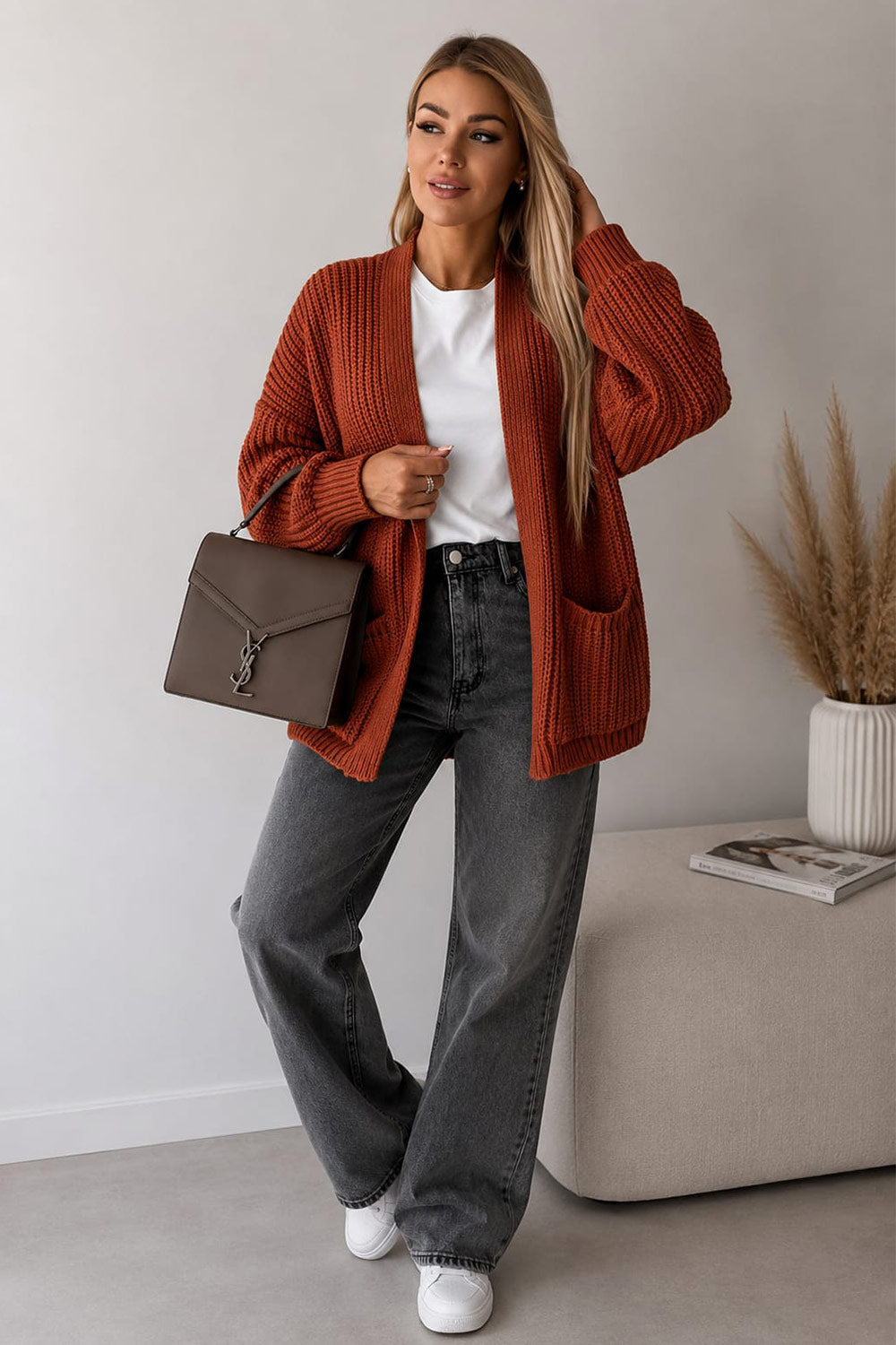 Ladies Over-sized Cropped Short Balloon Pocket Knitted Cardigan