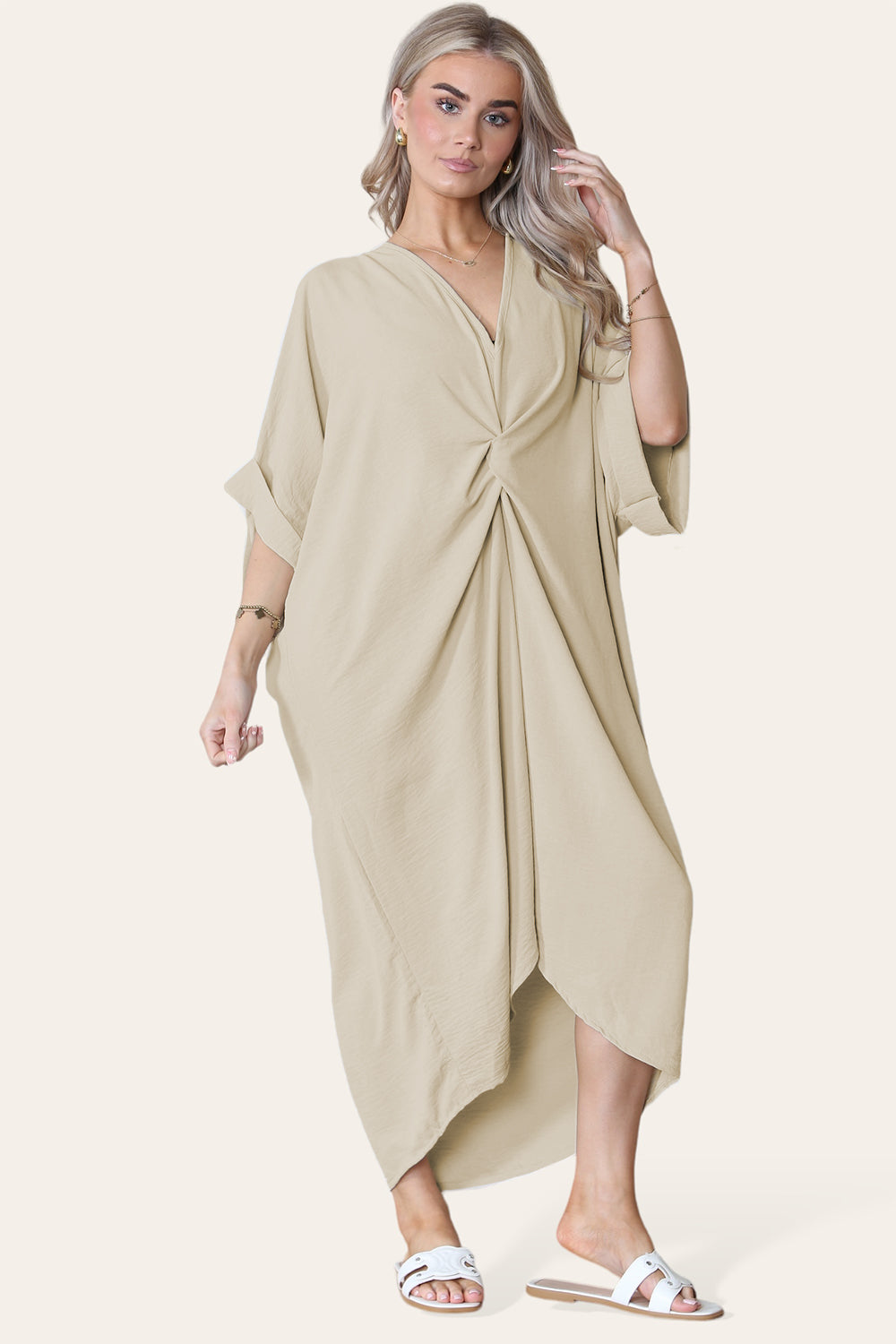 Womens V-Neck Tie Knotted Twisted Front Oversized Longline Midi Dress