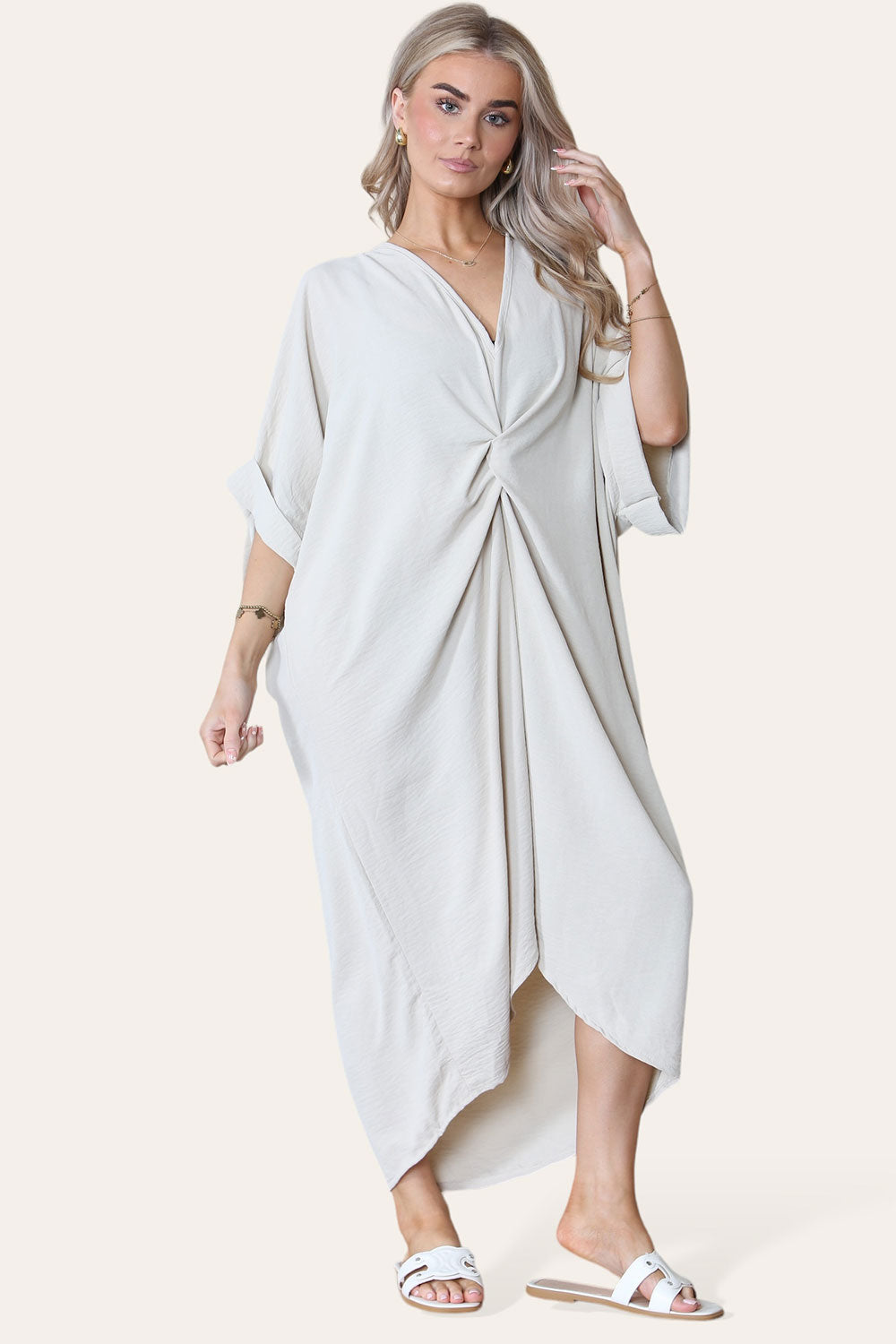 Womens V-Neck Tie Knotted Twisted Front Oversized Longline Midi Dress