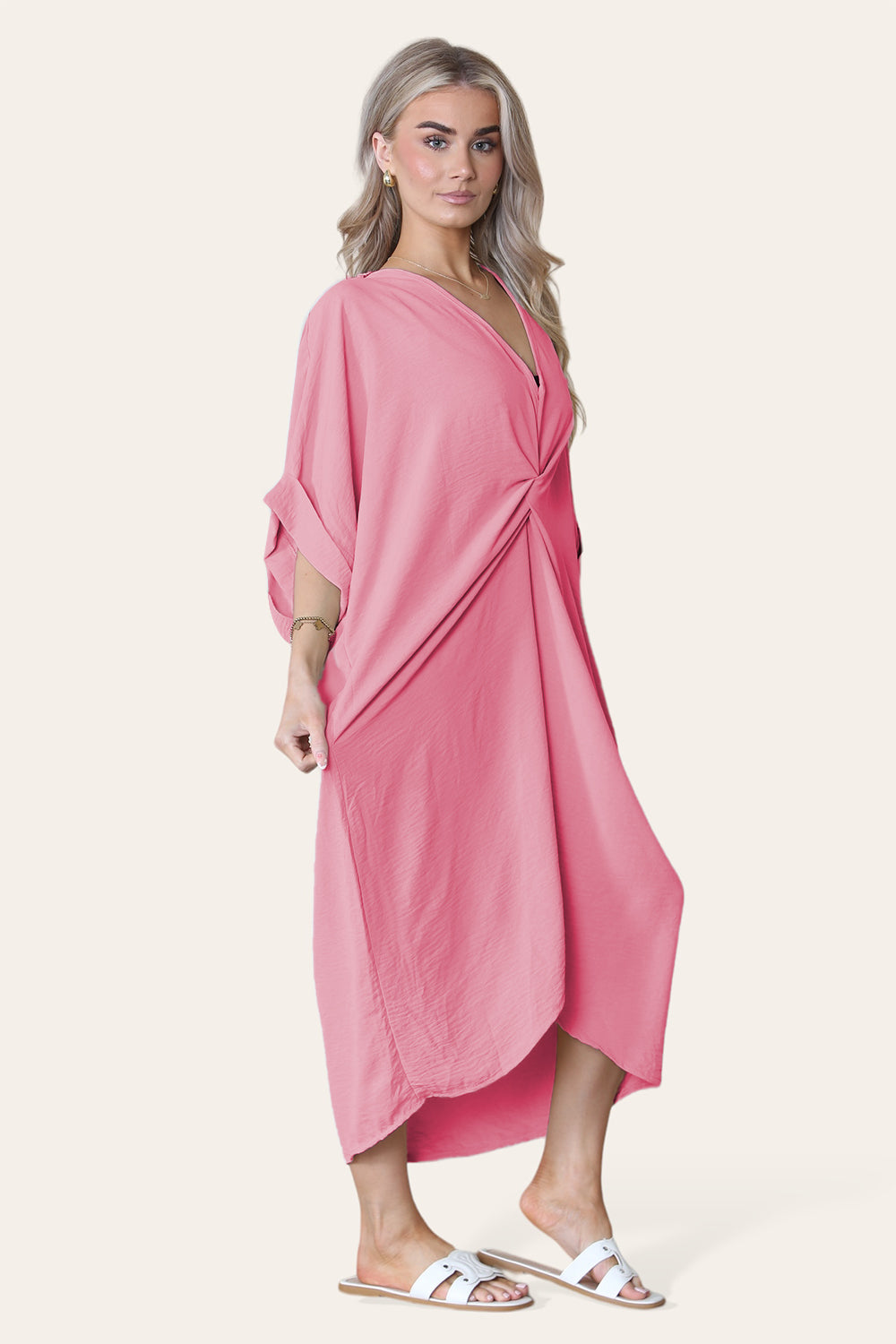 Womens V-Neck Tie Knotted Twisted Front Oversized Longline Midi Dress