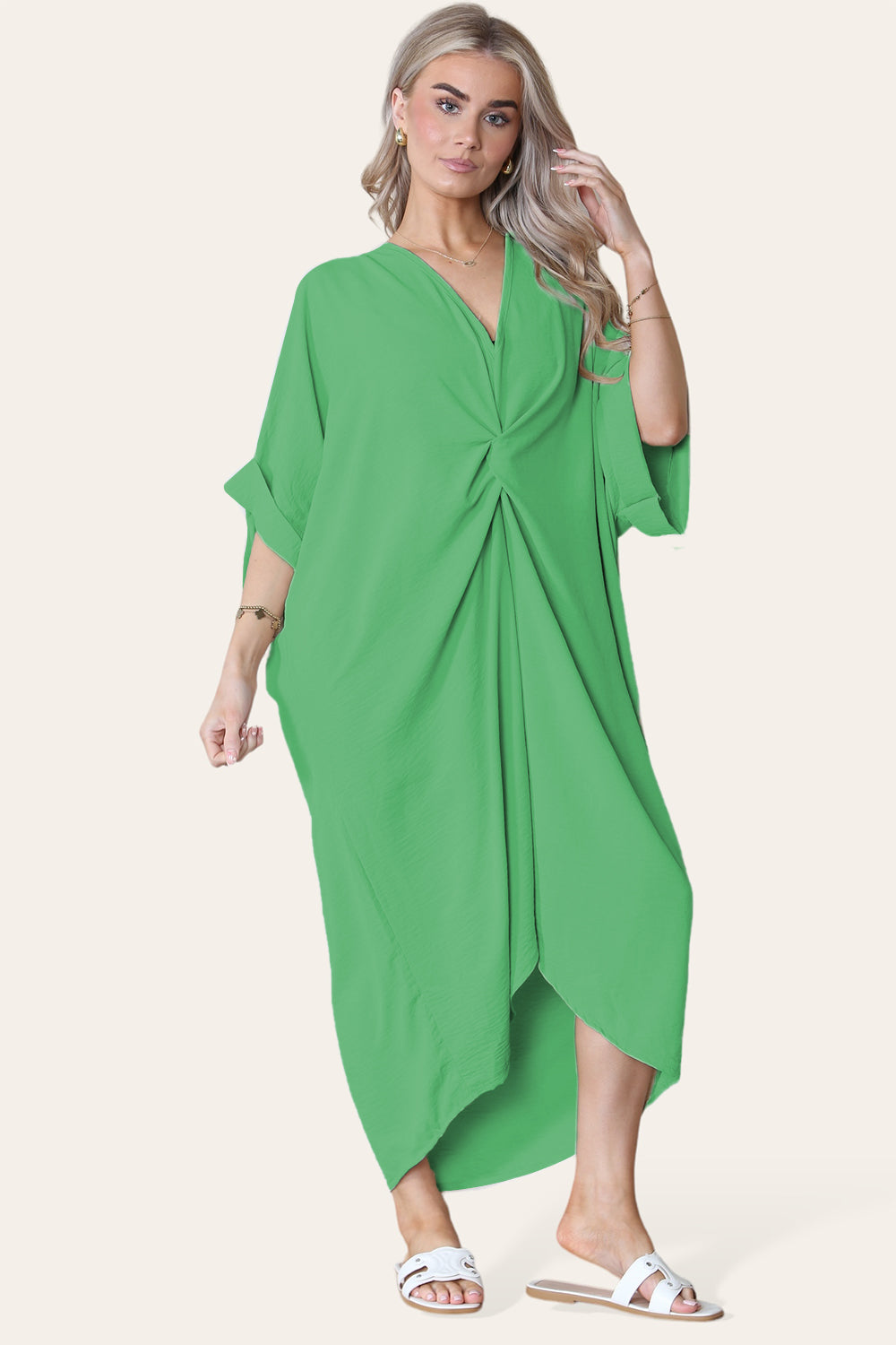 Womens V-Neck Tie Knotted Twisted Front Oversized Longline Midi Dress