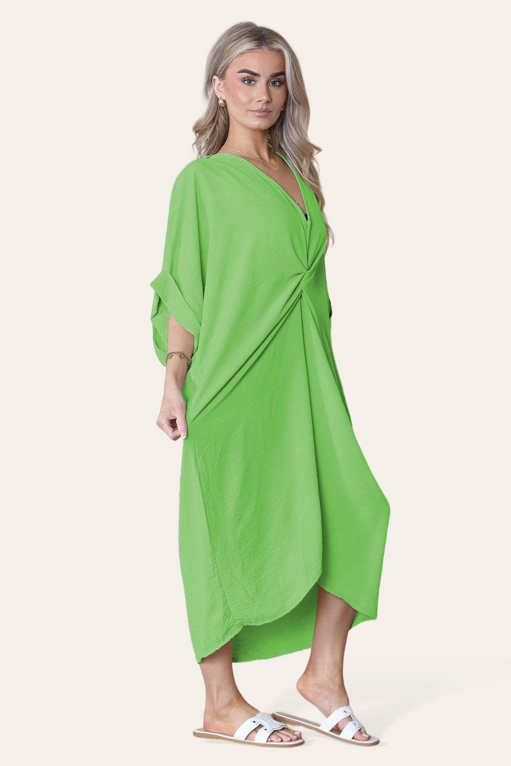 Womens V-Neck Tie Knotted Twisted Front Oversized Longline Midi Dress