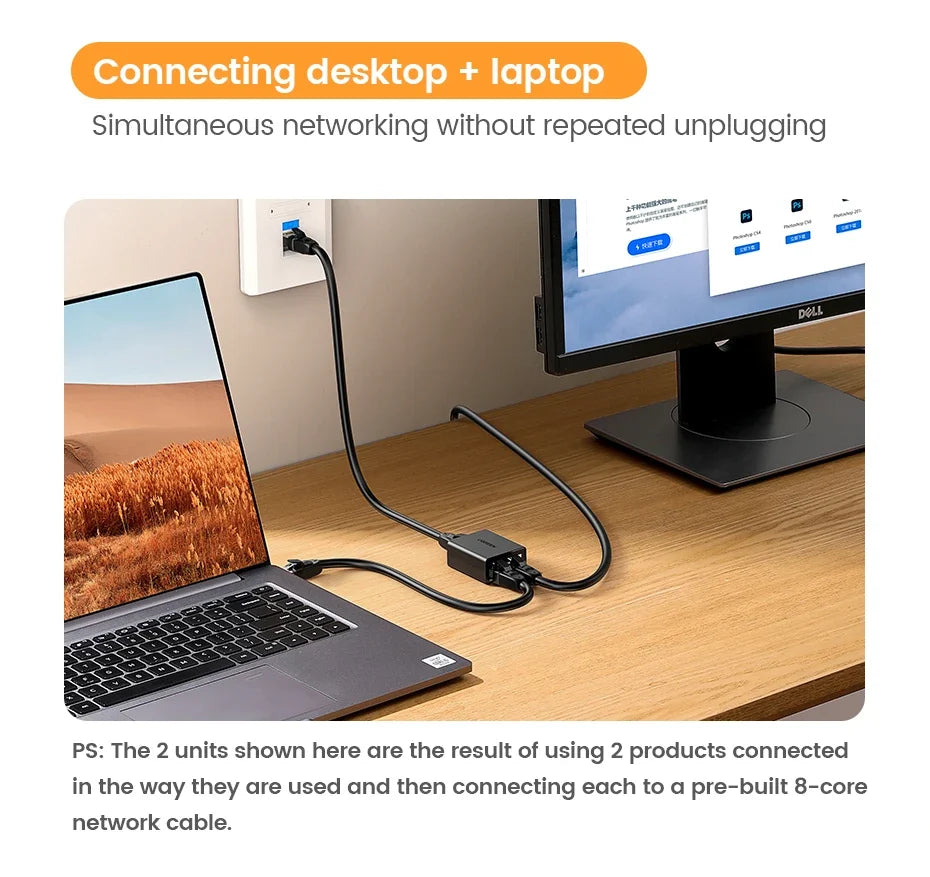 UGREEN RJ45 Splitter 1 to 2 Ethernet Adapter Internet Network Cable Extender RJ45 Connector Coupler for PC Laptop TV Box Router