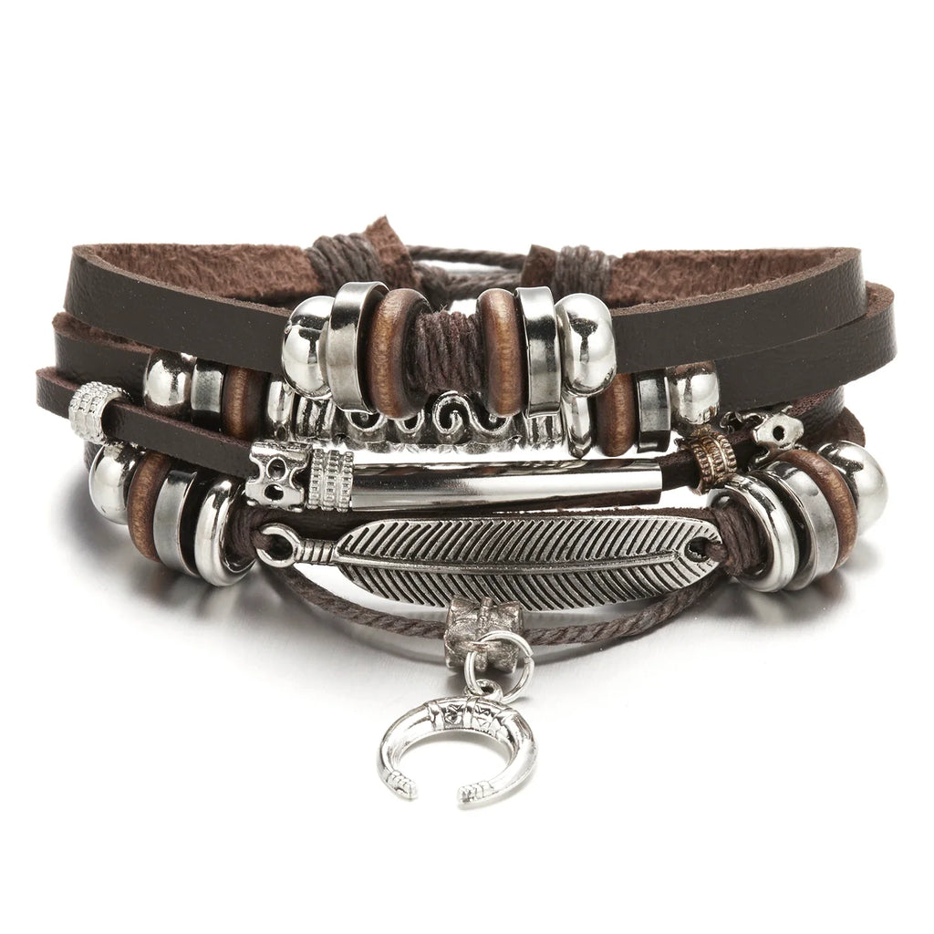 Vintage Brown Multilayer Braided Rope Bracelets Charm Wrap Wristbands