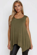 Khaki Sleeveless Top With Asymmetric Hem