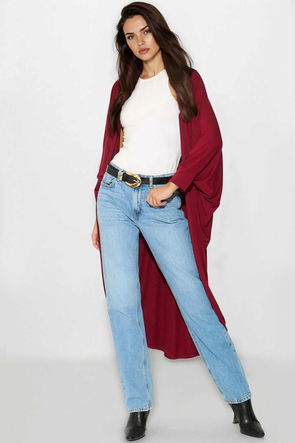 Wine Batwing Sleeve Kimono Cardigan